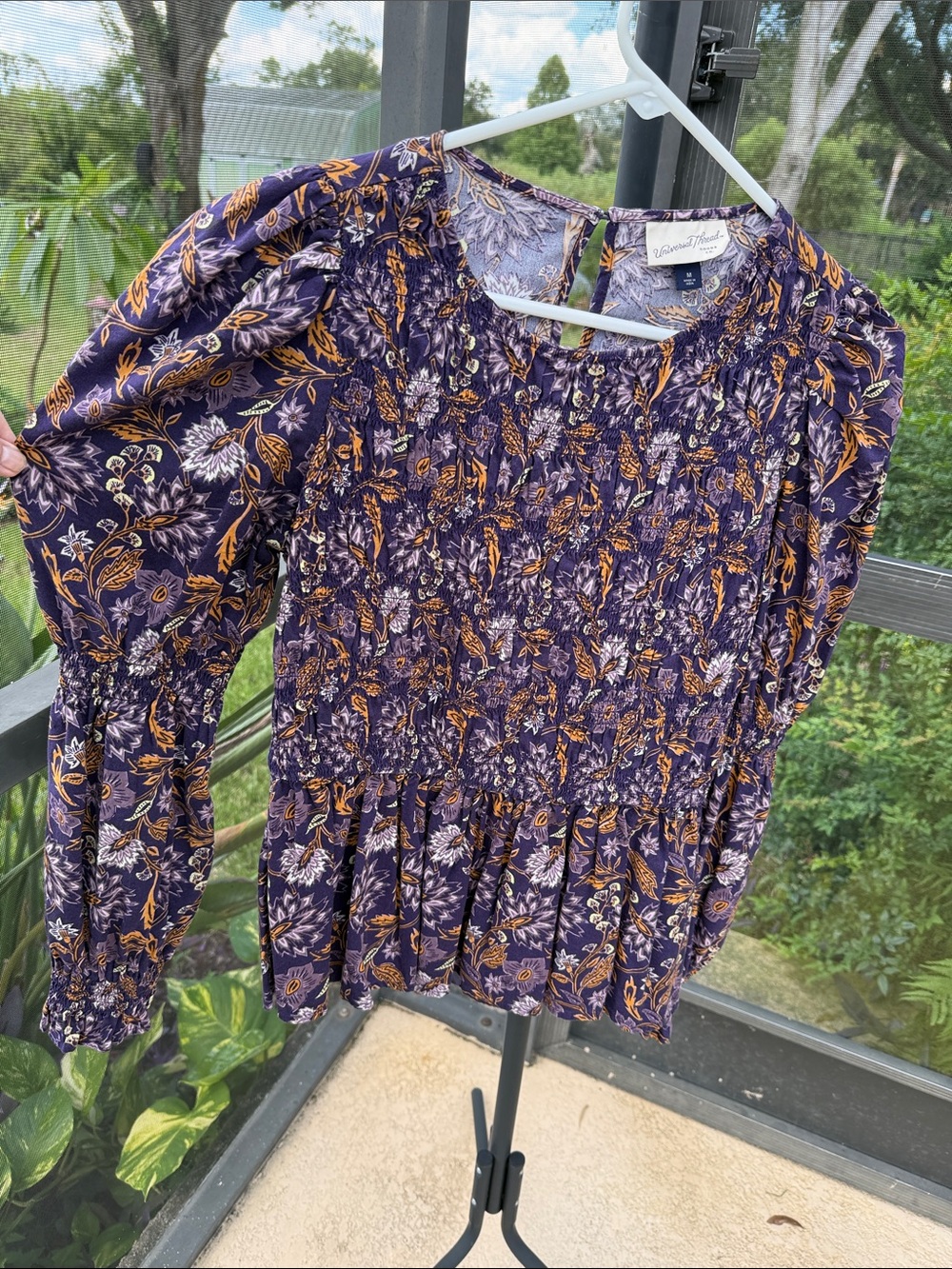 Universal Thread Purple and Gold Floral Smocked Peplum Top